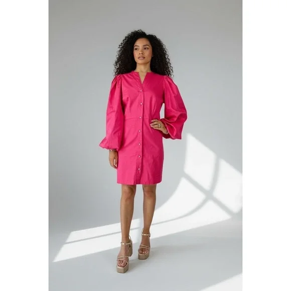 ALDEN ADAIR Hot Pink Button Front Puff Sleeve Mini Dress Size L - Picture 3 of 13